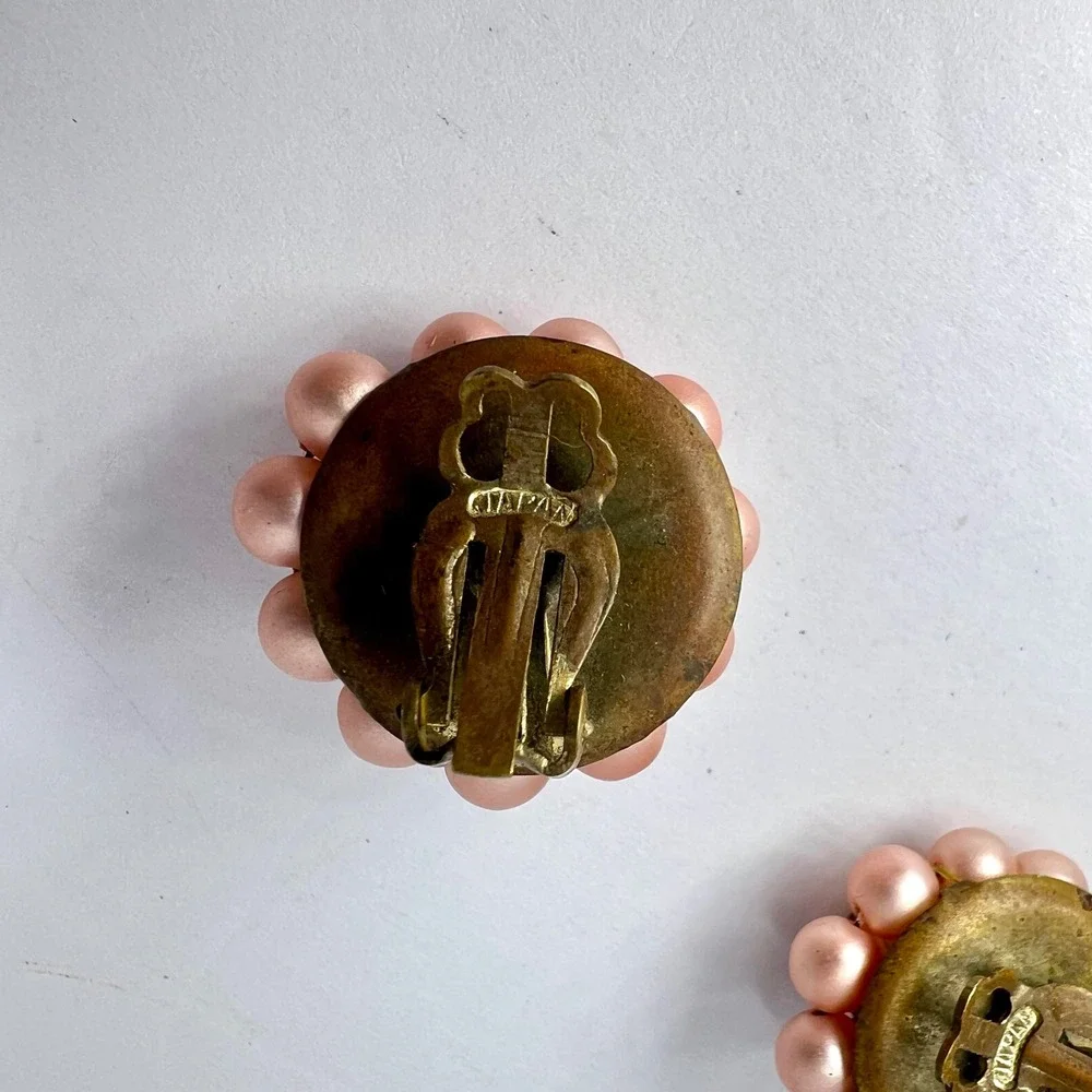 Vintage Japan Pink Faux Pearl Beaded Clip On Earrings Mid Century Classic Preppy